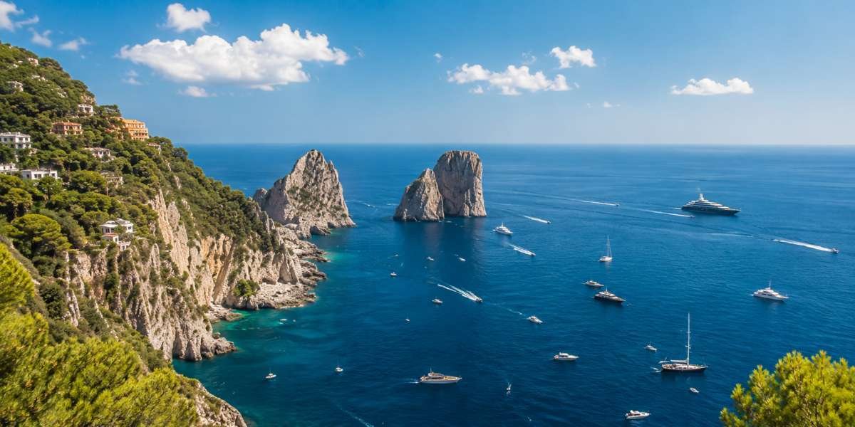Panoramic view of the Capri coastline with the Faraglioni rocks and boats in the Bay of Naples