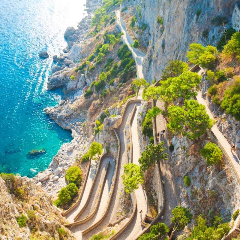 Via Krupp switchback footpath zigzagging down the cliffs of Capri to the sea
